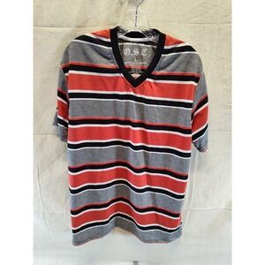 O.S.C. Mens Striped V-Neck T-Shirt Red Black White Short Sleeve Size Large